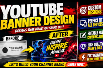 design a professional youtube banner channel art, gaming logo, cover and header