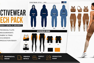 create activewear tech pack, sportwear and fitness clothing design