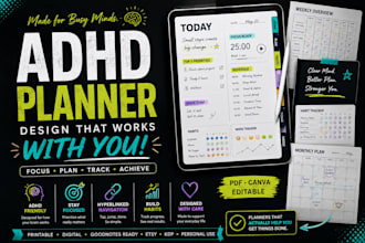 design adhd planner productivity planner, digital planner and journal design