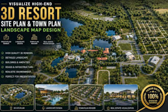 visualize high end 3d resort, site plan, landscape map design, town plan render