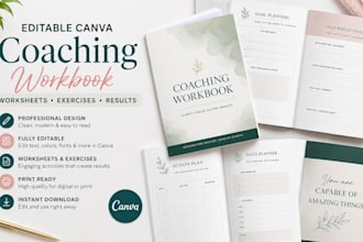design an editable canva coaching workbook with worksheets and exercises