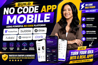build no code app mobile using flutterflow, bubble io glide adalo appgyver dorik