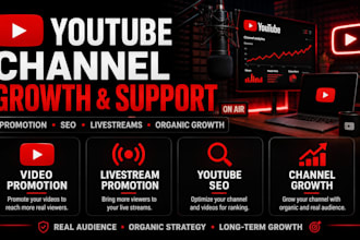 provide youtube channel support, livestream promotion and organic growth