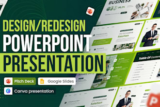 design modern powerpoint presentations, canva pitch decks, and investor template