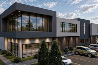 render 3d mixed use building,parking lot,contemporary design,cgi facade exterior