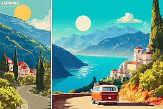 draw vintage retro travel poster, landscape illustration, vector art deco