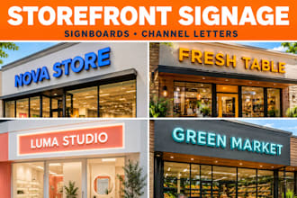 design storefront signage, shop sign, business signboard and outdoor signage