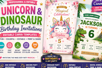 create unicorn and dinosaur birthday invitations, editable canva, party template