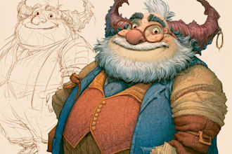 sketch, outline and color cartoon illustrations