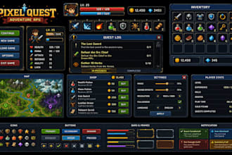 design pixel art game UI, hud item icon button and menu for your game