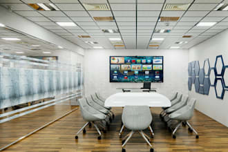 redesign office interior,furniture layout, functional conference area,food court