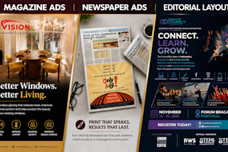 create business advert, editorial magazine ads newspaper, catalog design, layout