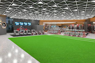 space planning for fitness center interior, commercial gym layout,cgi yoga setup