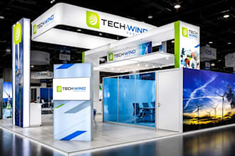 design a 3d trade show booth, exhibition stand and backdrop