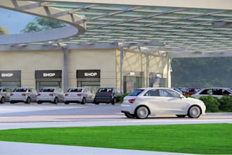 design 3d commercial parking lot, strip mall facade, and cgi store front mockup