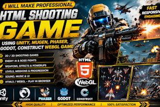 make html shooting game using unity, mugen, phaser, godot, construct webgl game