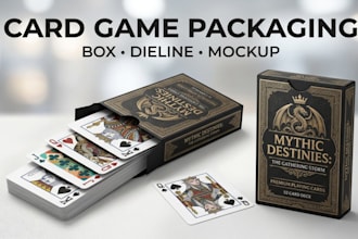 design card game box, tuck box, packaging, dieline, mockup box and card deck box