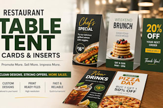 design restaurant table tent, trifold menu card and promotional inserts