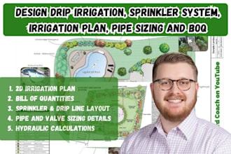 design drip irrigation, sprinkler system, irrigation plan, pipe sizing and boq