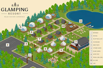 do isometric resort, campground, hotel campsite, tourism maps and glamping maps