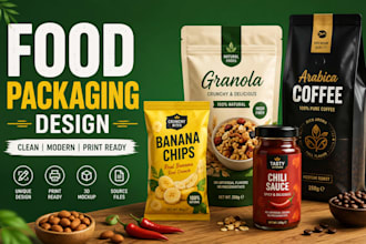 design food packaging, snack pouch, coffee bag and beverage label, box design