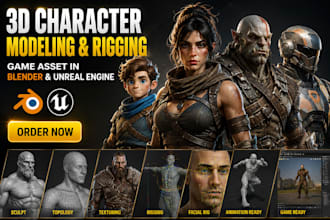 create 3d character modeling, rigging for game assest in blender, unreal engine