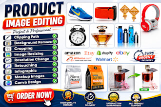 do product image editing, photo retouching, image resizing and 3d mockup design