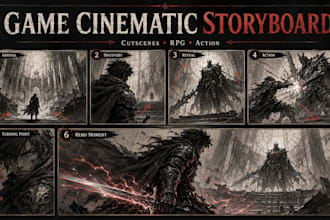create game cinematic storyboard for cutscenes, rpg action scenes and cinematics