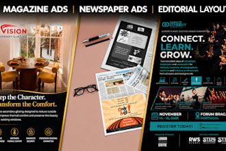 design digital newspaper ads, editorial magazine layout book in adobe indesign