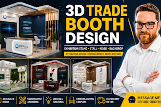 design a 3d trade booth, exhibition stand, trade show booth, stall or kiosk