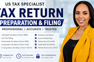 prepare your US tax return, llc tax filing, 1040 1065, 1120, business tax return