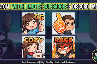 design custom twitch emotes, sub badges, and discord emojis