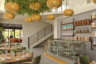 design,render cafe interior,bakery 3d rendering, restaurant layout,2d floor plan