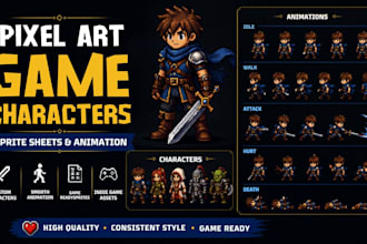 create pixel art game character, sprite sheet and animation rpg