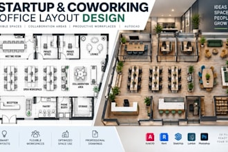 design startup office layouts, coworking plans, workspace cad drawings