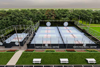 redesign 3d pickleball court, sports complex, paddle, tennis courts 3d rendering