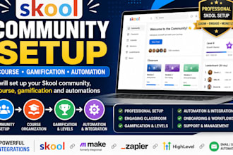 setup skool community, course, gamification and automations