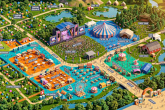 design 3d isometric, festival, venue, campground and tourism map