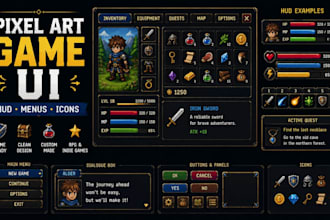 create pixel art game ui, hud, gui icons, logo and menus game user interface