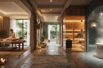 design luxury spa, wellness, sauna and massage, steam room interiors in 3d