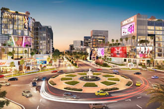 render 3d public plaza,shopping center,urban amenities,city layout,d5 landscaped