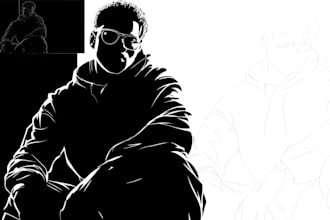 sketch, outline and color cartoon illustrations