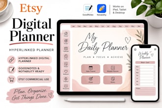 design etsy digital planner, hyperlinked planner, goodnotes planner design, etsy