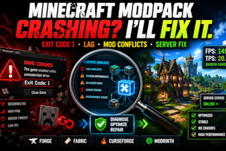 build, fix minecraft modpack crashes, lag, forge fabric errors and server setup