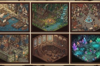 create pixel art game assets, tilesets, character, background and animations