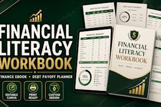 design canva financial literacy workbook, finance ebook debt payoff planner