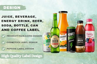 do label design for juice, beverage, energy drink, beer, soda, bottle can coffee