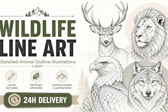 draw detailed wildlife line art and animal outline illustrations