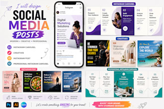 design social media posts about instagram carousel, facebook, youtube thumbnail