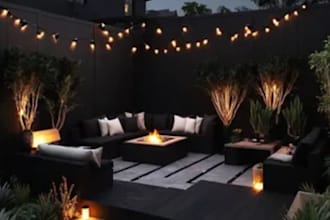 do realistic 3d backyard landscape design with garden, patio and outdoor living
